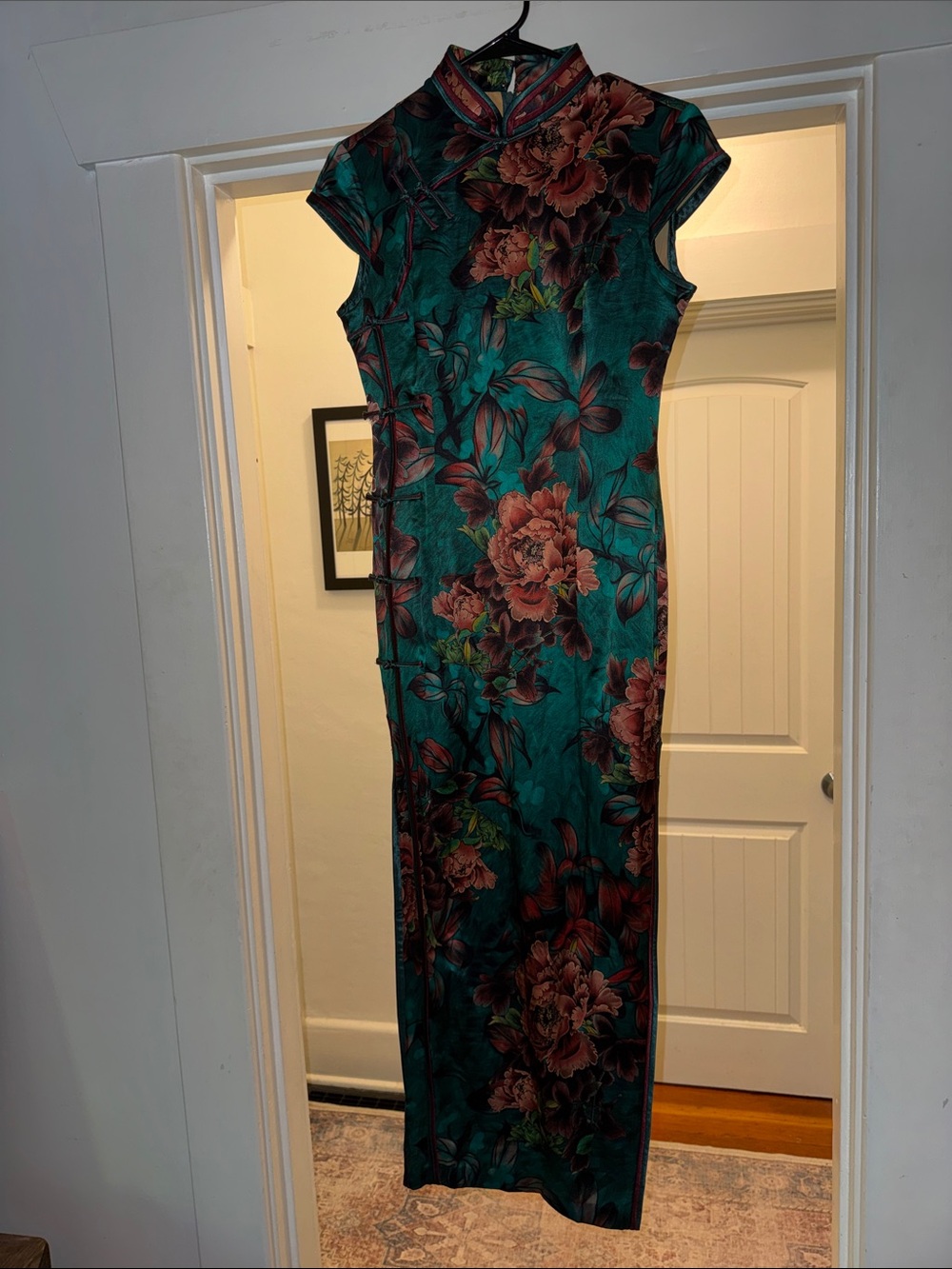 Floral Teal Mandarin Collar Cheongsam Dress
